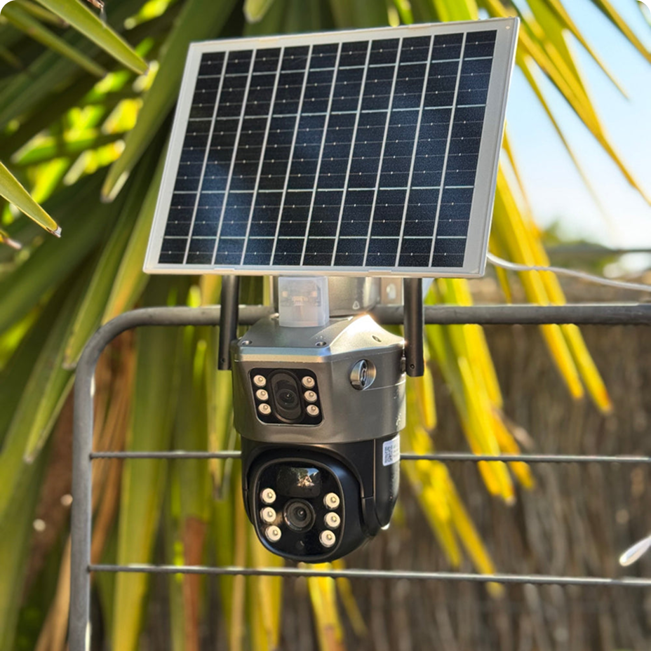 On a farm gate, camera and panel on one bracket