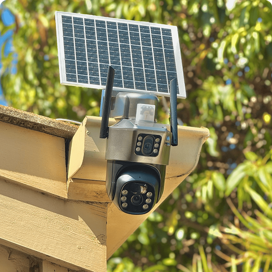 Panel angled at the sky, camera watching the yard